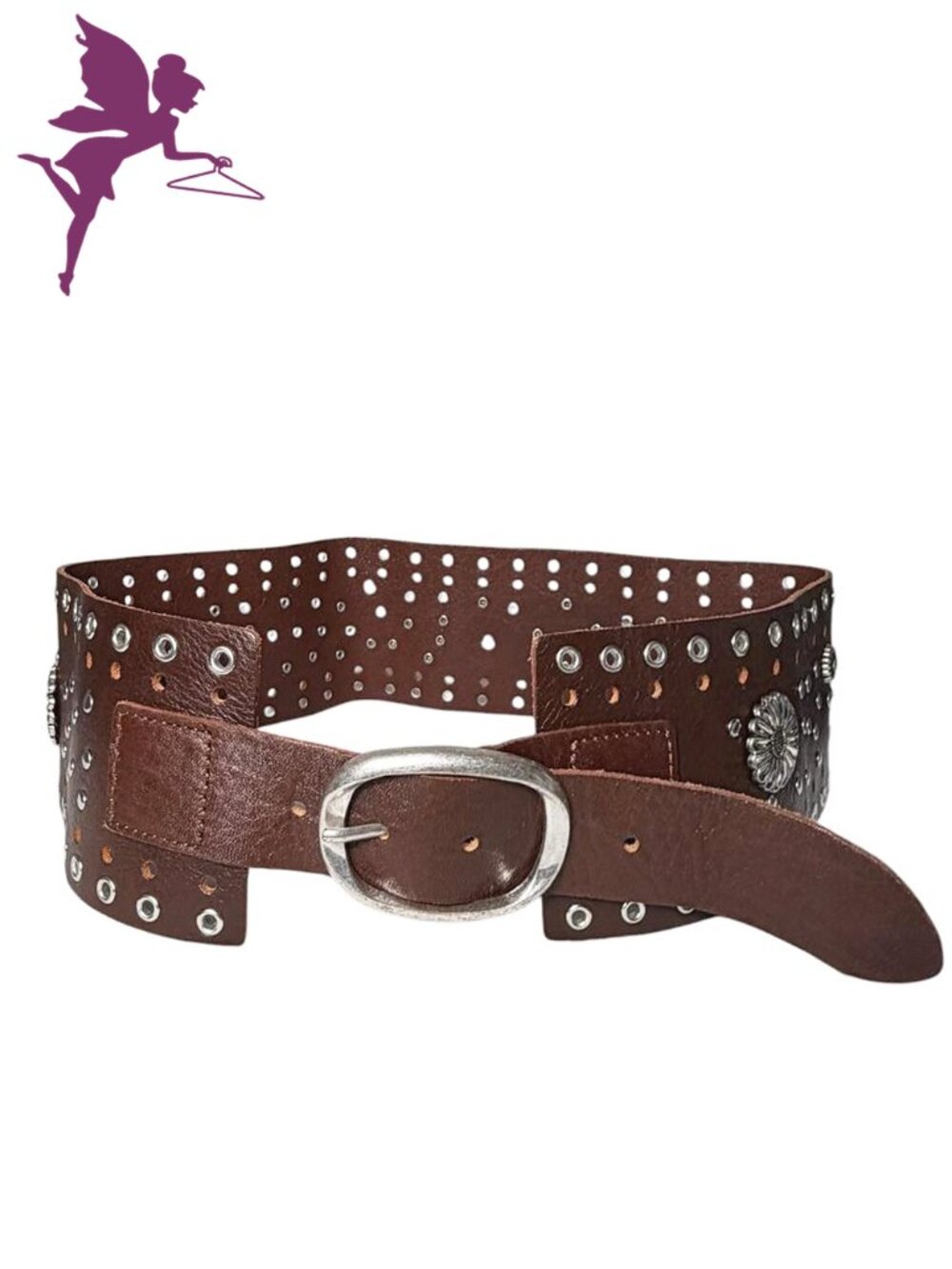 WIDE Leather Belt with Metal Grommets and Flowers